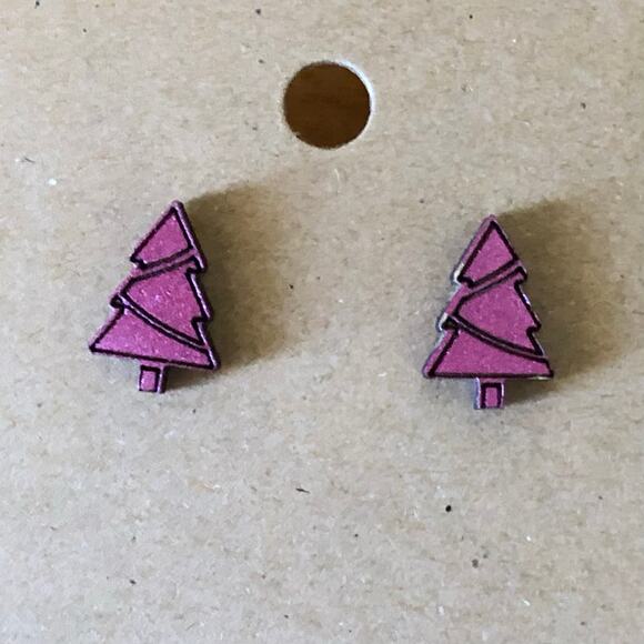 Pink Mini Christmas Tree Stud Earrings - Hand Painted Wood, Hypoallergenic - Picture 3 of 4